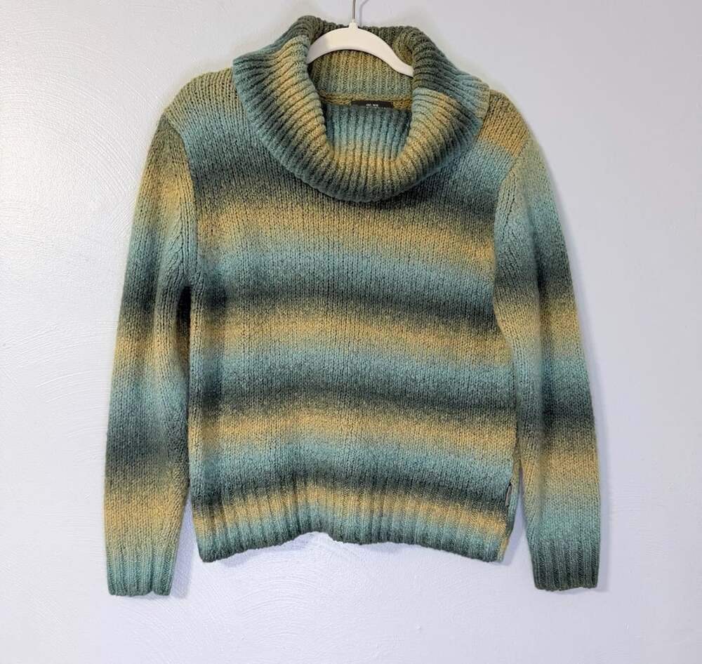 Woolrich Women's Turquoise Cowl Neck Striped Fuzzy Wool Blend Pullover L